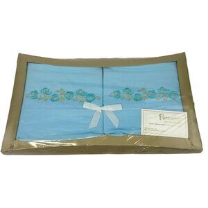 Vtg Sealed Riegel Permalux Gift Pillowcase Set Blue Embroidered Floral Design